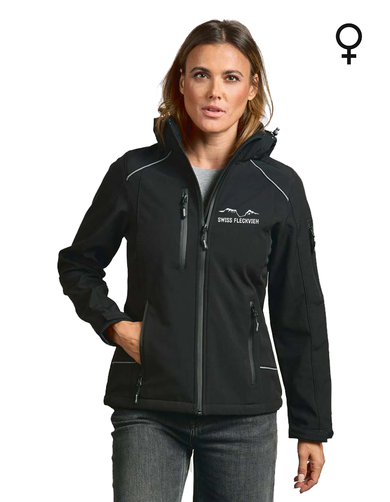 Swiss Fleckvieh Damen Softshelljacke, bestickt